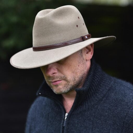 Akubra Coober Pedy Hat in Santone Fawn as a hat for men